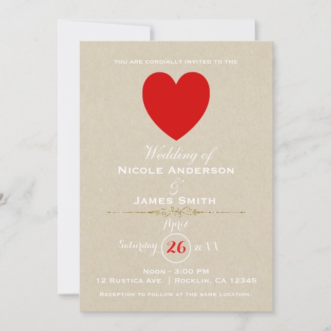 Red Heart Brown Kraft Valentine Moderne Hochzeit Einladung (Vorderseite)