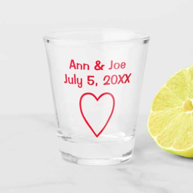 Red Heart Couple Names Wedding Date Schnapsglas (Vorderseite)