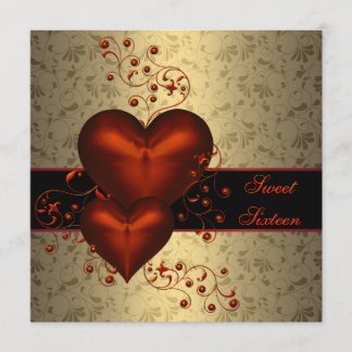 Red Heart Damask Klasse Gold 16 . Geburtstag Einladung
