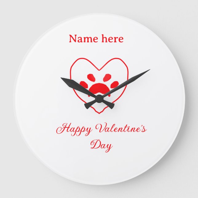 Red heart dog cat paw happy Valentine's day name  Große Wanduhr (Vorderseite)