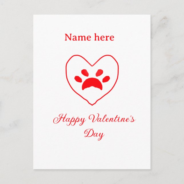 Red heart dog cat paw happy Valentine's day name  Postkarte (Vorderseite)