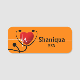 Red Heart EKG und Stethoscope Medical Mandarine Namensschild