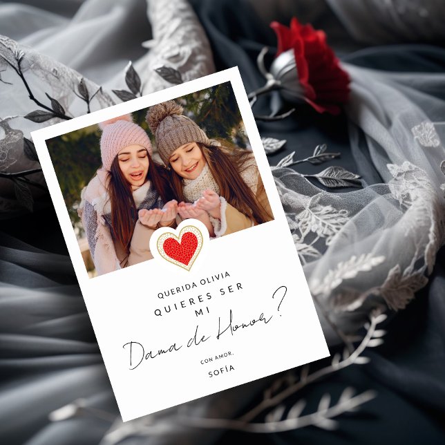 Red Heart Foto Dama de Honor Quinceañera Einladung (Spanish Fancy Cute Photo Dama de Honor Quinceañera Red Heart Proposal Card. )