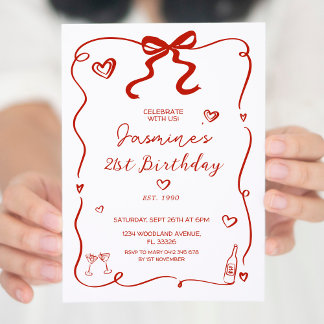Red Heart Hand Drawn Adult Geburtstag einladen Einladung