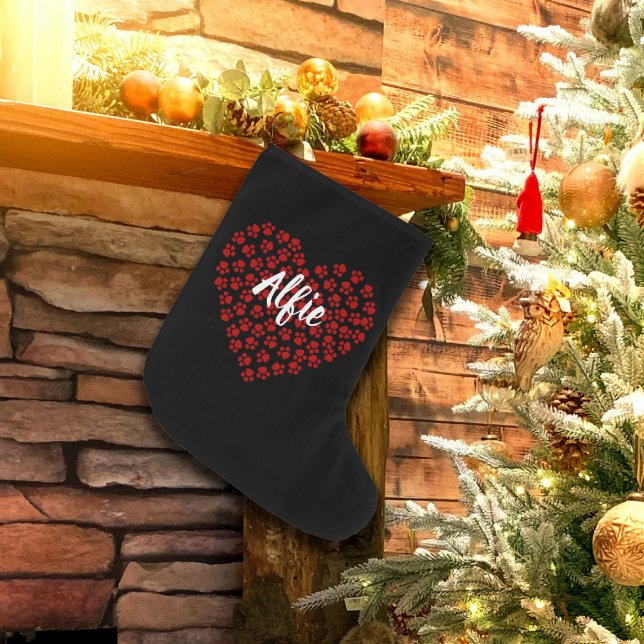 Red Heart in Paw Prints Pet Name Weihnachten Großer Weihnachtsstrumpf (Von Creator hochgeladen)