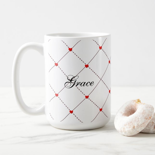 Red Heart Lattice Pattern Name & message Design Kaffeetasse (Mit Donut)