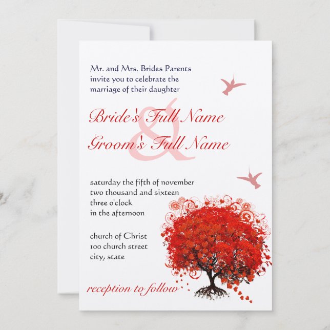 Red Heart Leaf Tree Hummingbird Wedding Einladung (Rückseite)