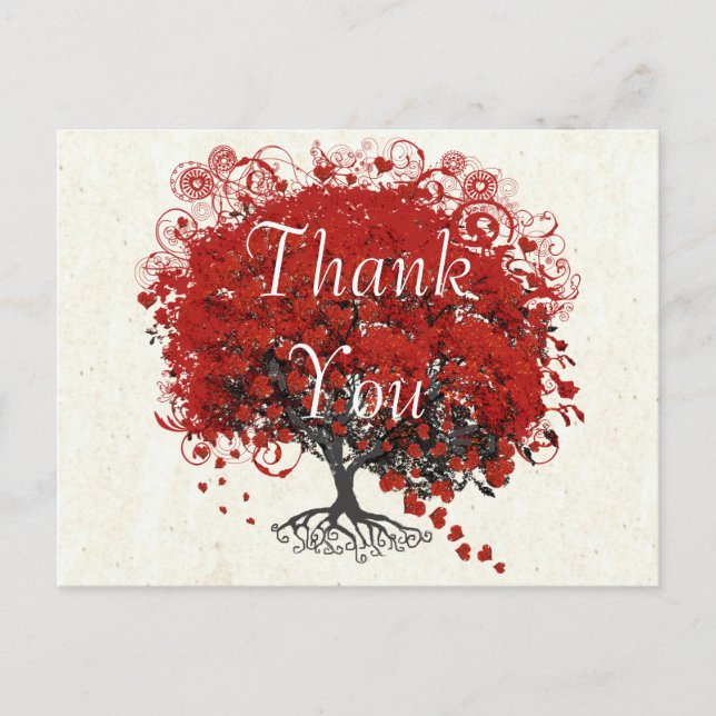 Red Heart Leaf Tree Vielen Dank Postkarte (Vorderseite)