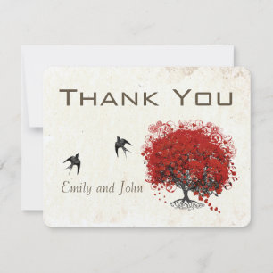 Red Heart Leaf Tree Wedding Dankeskarte