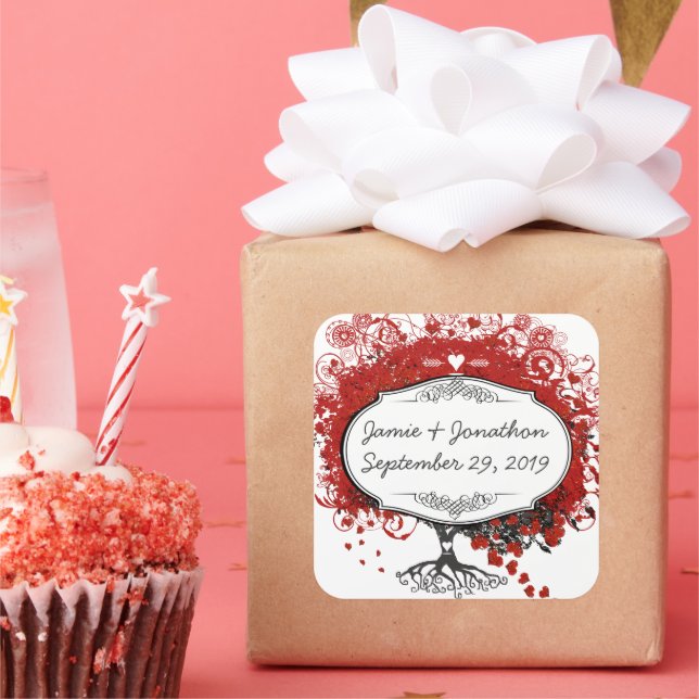 Red Heart Leaf Tree Wedding Quadratischer Aufkleber (Party)