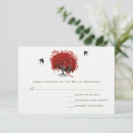 Red Heart Leaf Tree Wedding RSVP Karte