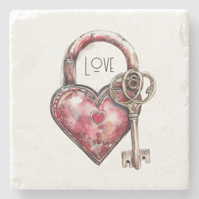 Red Heart Lock & Key Liebe Steinuntersetzer (Vorderseite)