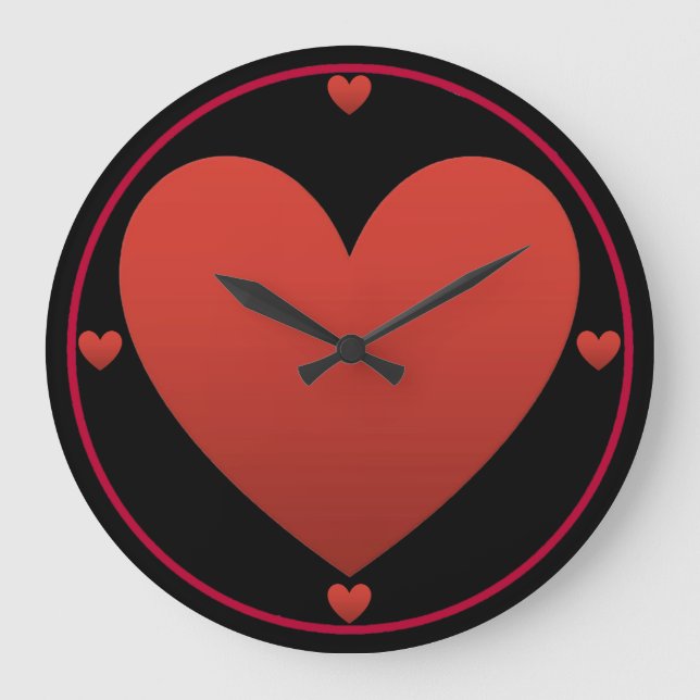 Red Heart on Black Große Wanduhr (Vorderseite)