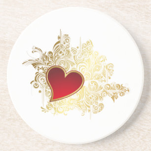 Red Heart on Gold Filigree Sandstein Untersetzer