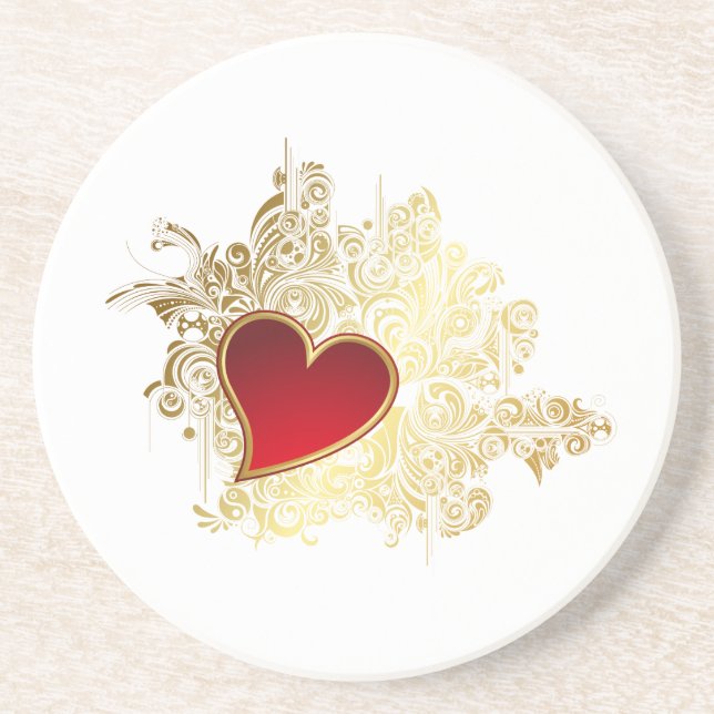 Red Heart on Gold Filigree Sandstein Untersetzer (Vorne)