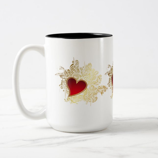 Red Heart on Gold Filigree Zweifarbige Tasse (Links)