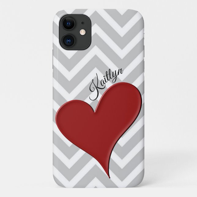 Red Heart on Gray Zickzack Strip Phone Case (Rückseite)