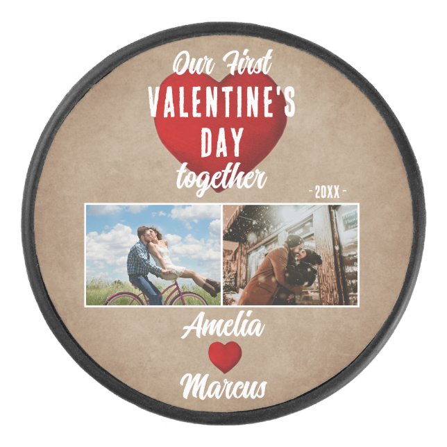 Red Heart Our First Valentine's Together 2 Foto Eishockey Puck (Vorderseite)