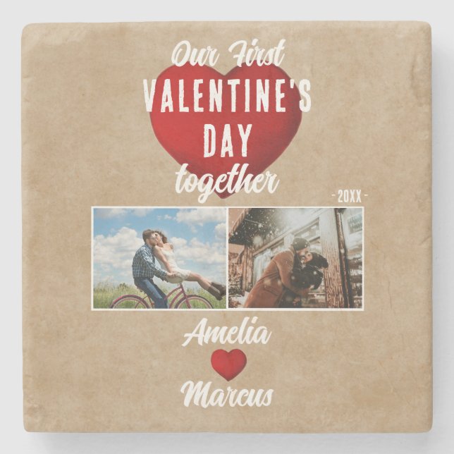 Red Heart Our First Valentine's Together 2 Foto Steinuntersetzer (Vorderseite)
