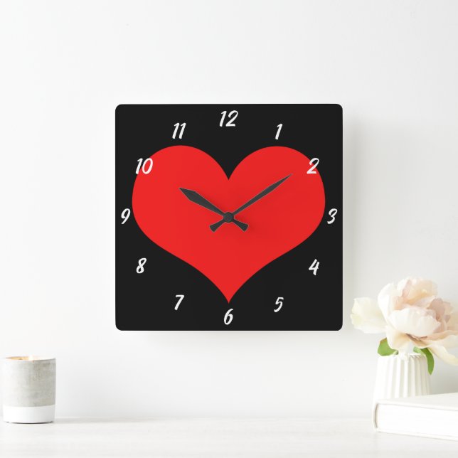 Red Heart Pattern Black Niedlich Valentine's Day G Quadratische Wanduhr (Zuhause)