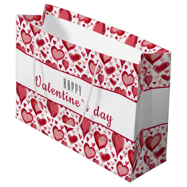 Red Heart Pattern Happy Valentine's Day Große Geschenktüte (Vorderseite Schrägansicht)