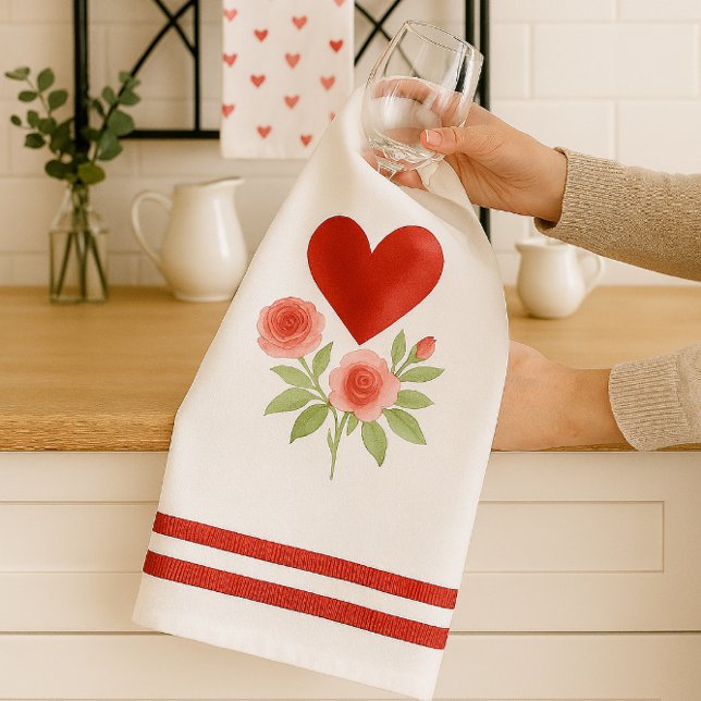 Red Heart Pink Roses Valentine's Day Geschirrtuch (Add romantic charm to your kitchen with Valentine’s Day towels featuring hearts, roses, and stripes.)