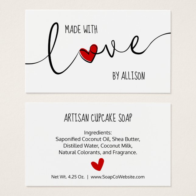 Red Heart Script Letters Maed with Liebe Gift Tag (Vorne & Hinten)