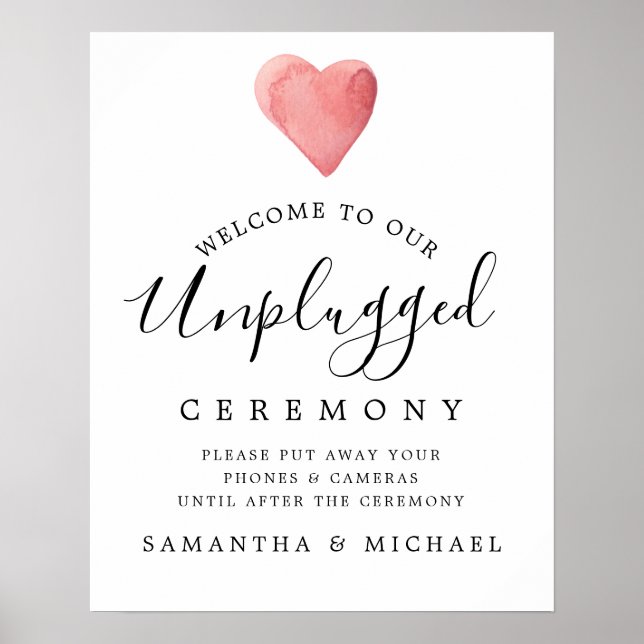 Red Heart Unplugged Wedding Ceremony Sign Poster (Vorne)