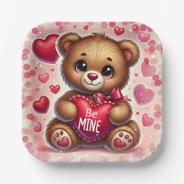 Red Heart Valentine Teddy Bear Geburtstagsparty Pappteller (Vorderseite)