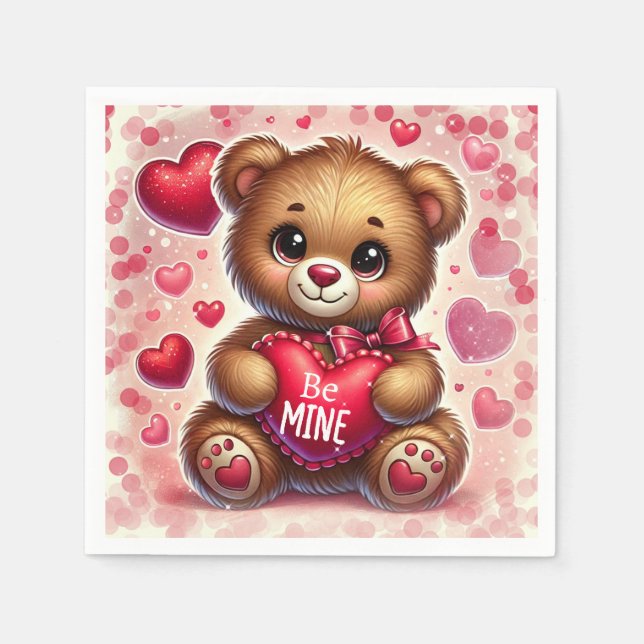 Red Heart Valentine Teddy Bear Geburtstagsparty Serviette (Vorderseite)