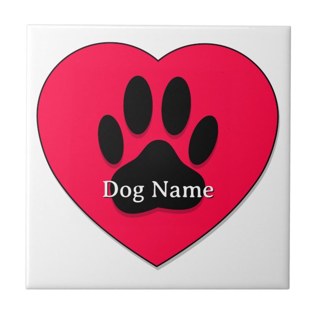 Red Heart With Dog Paw Print Custom Name Fliese (Vorderseite)
