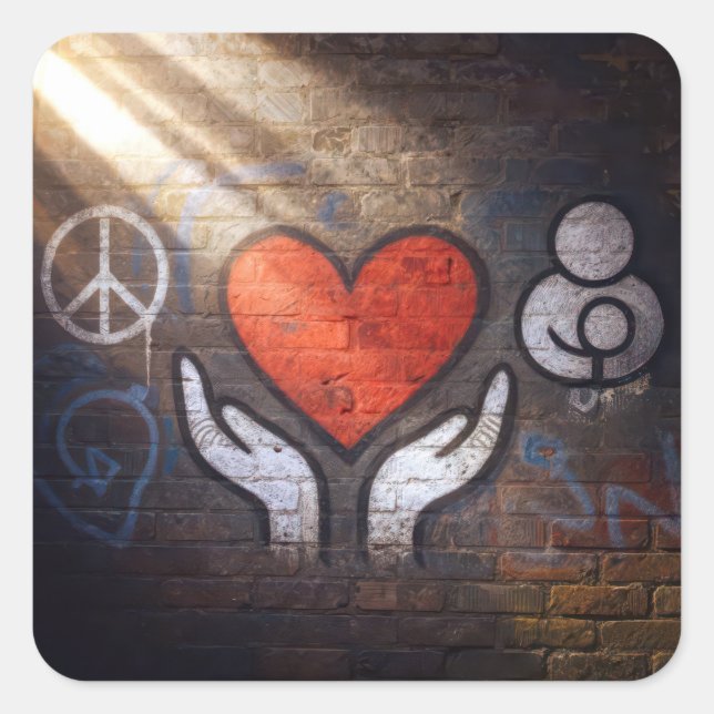 Red Heart with Hands Graffiti On a Brick Wall Quadratischer Aufkleber (Vorderseite)