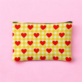 Red Heart Yellow Gingham Pattern Valentinstag Zubehörtasche