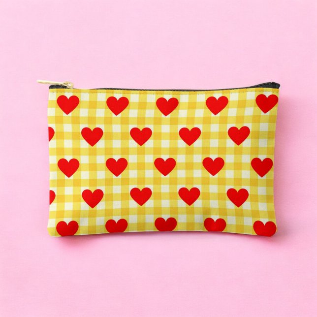 Red Heart Yellow Gingham Pattern Valentinstag Zubehörtasche (Red Heart Yellow Gingham Pattern Valentine's Day Accessory Pouch)