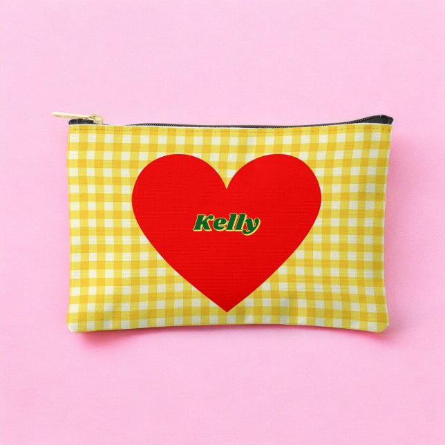 Red Heart Yellow Gingham Pattern Valentinstag Zubehörtasche (Red Heart Yellow Gingham Pattern Valentine's Day Accessory Pouch)