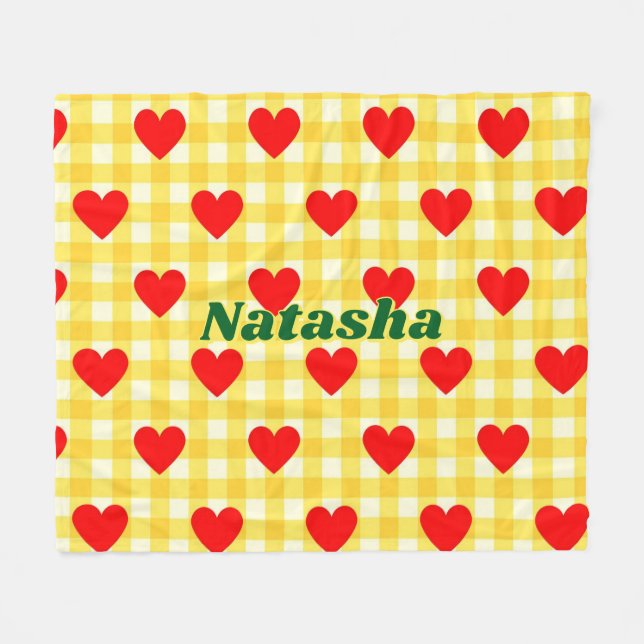Red Heart Yellow Gingham Valentine's Day Gift Fleecedecke (Vorderseite (Horizontal))