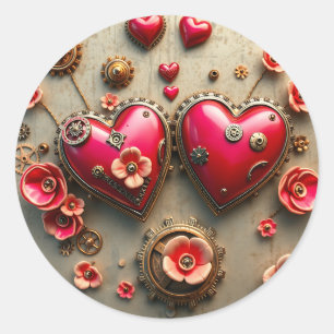 Red Hearts and Gold Metal Gears Steampunk Runder Aufkleber