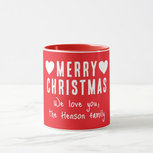 Red Hearts Frohe Weihnachtsfamilie Name Geschenk Tasse (Zentrum)