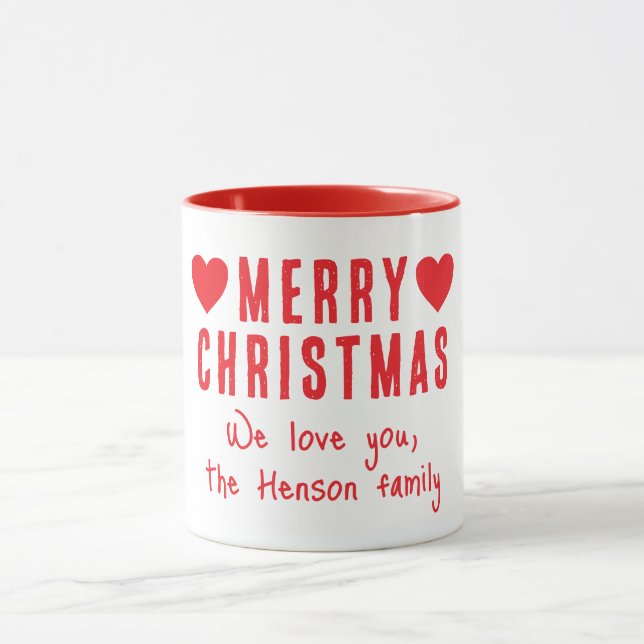 Red Hearts Frohe Weihnachtsfamilie Name Geschenk Tasse (Zentrum)