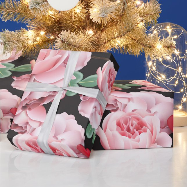 Red Hearts Geschenkpapier (Pink Roses Wrapping Paper with Red Hearts!)