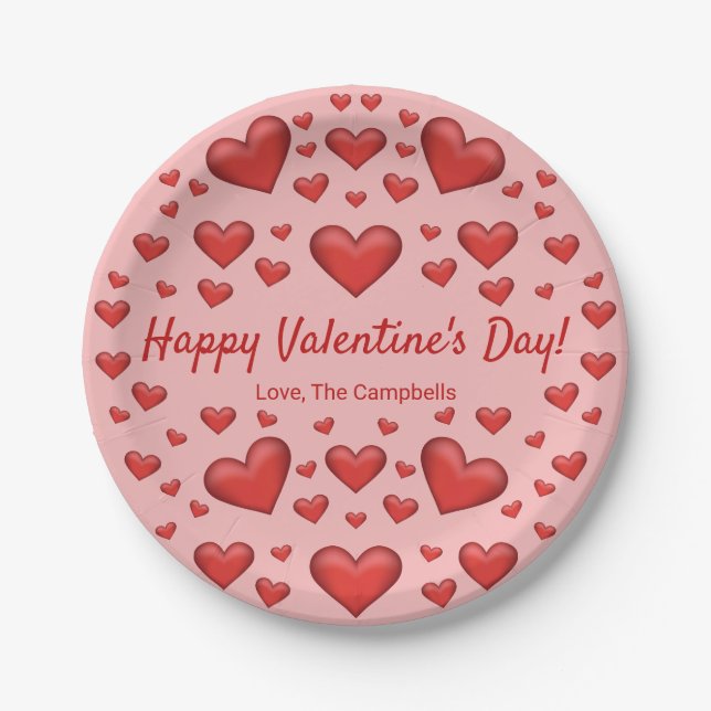 Red Hearts Happy Valentine's Day & Custom Text Pappteller (Vorderseite)