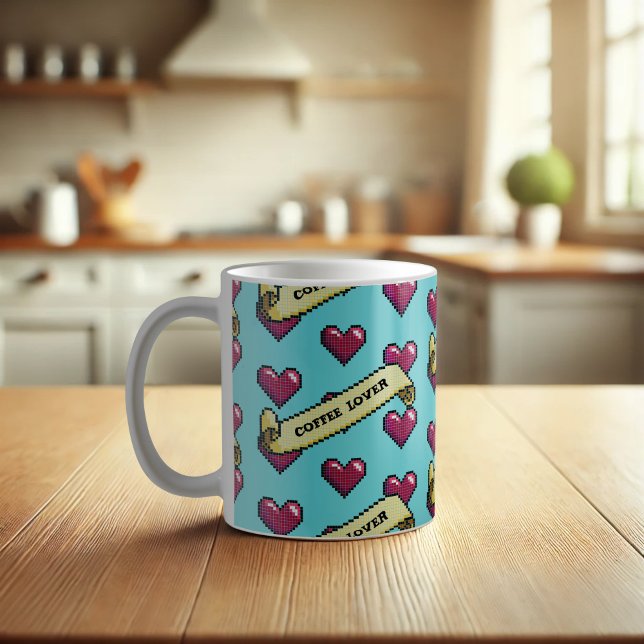 Red Hearts Kaffee Lover Retro Pixel Art Muster Kaffeetasse (Von Creator hochgeladen)