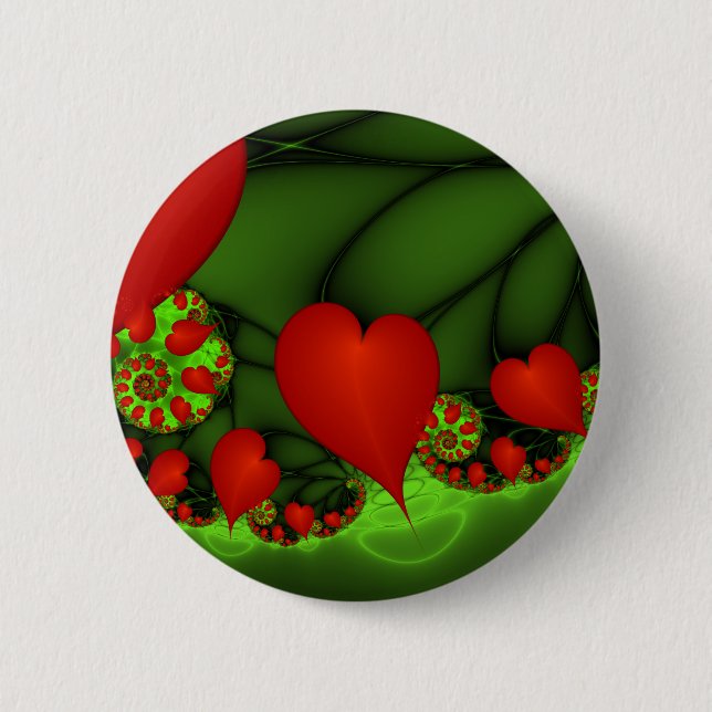 Red Hearts Lime Green Modernes Abstraktes Fraktal  Button (Vorderseite)