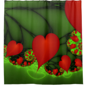 Red Hearts Lime Green Modernes Abstraktes Fraktal Duschvorhang