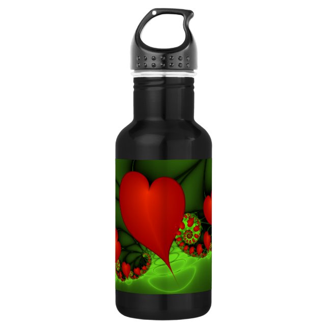 Red Hearts Lime Green Modernes Abstraktes Fraktal  Edelstahlflasche (Vorderseite)