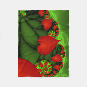 Red Hearts Lime Green Modernes Abstraktes Fraktal  Fleecedecke