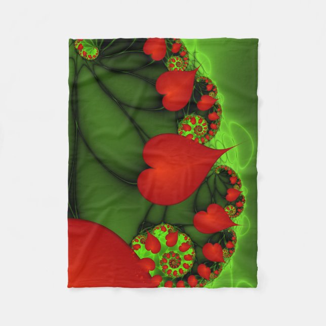 Red Hearts Lime Green Modernes Abstraktes Fraktal  Fleecedecke (Vorderseite)