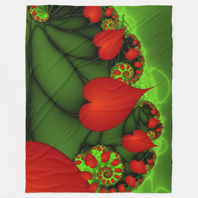 Red Hearts Lime Green Modernes Abstraktes Fraktal  Fleecedecke (Vorderseite)