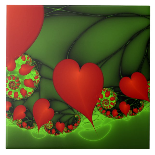 Red Hearts Lime Green Modernes Abstraktes Fraktal  Fliese (Vorderseite)