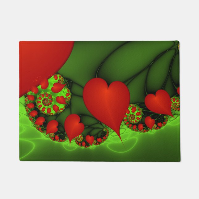 Red Hearts Lime Green Modernes Abstraktes Fraktal  Fußmatte (Vorderseite)